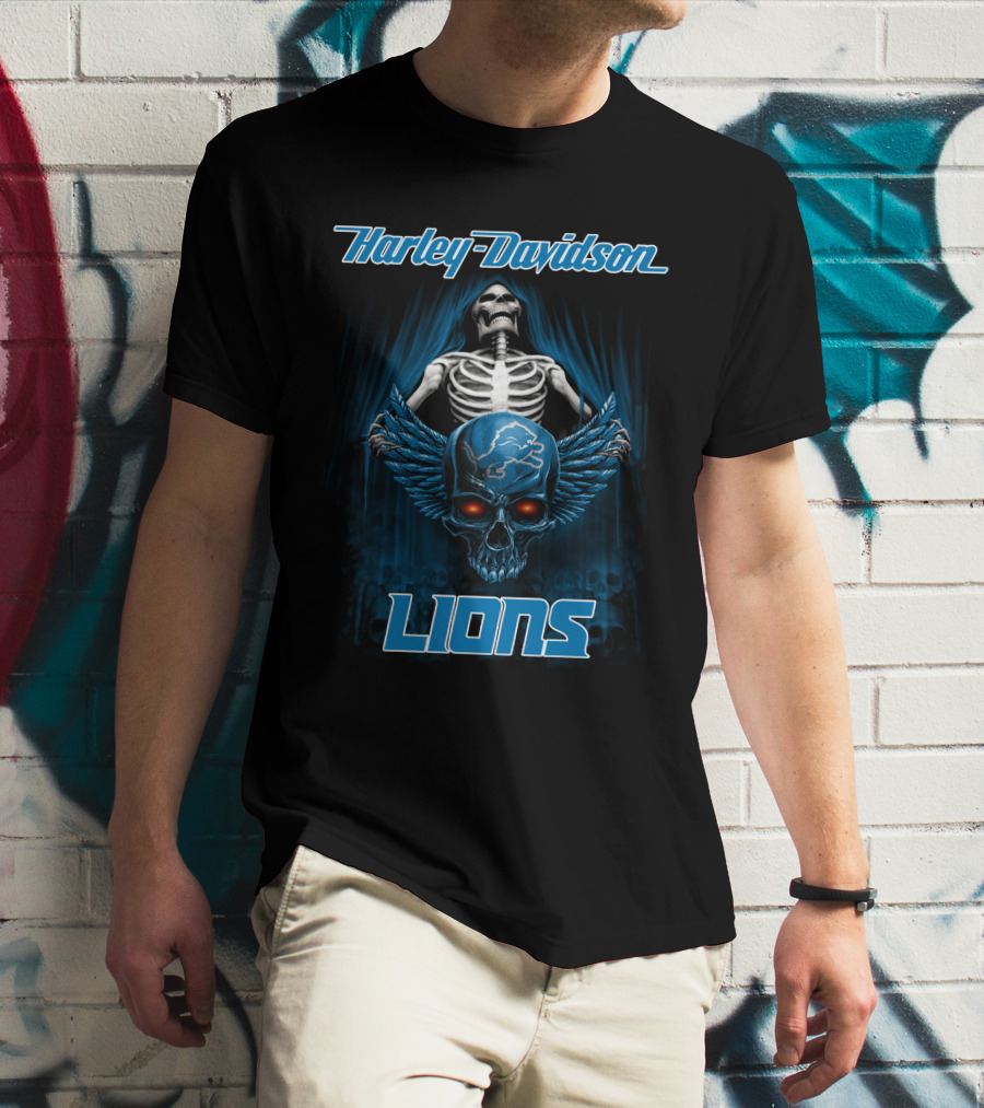 Harley Davidson Lions Skeleton And Winged Skull Detroit T-Shirt
