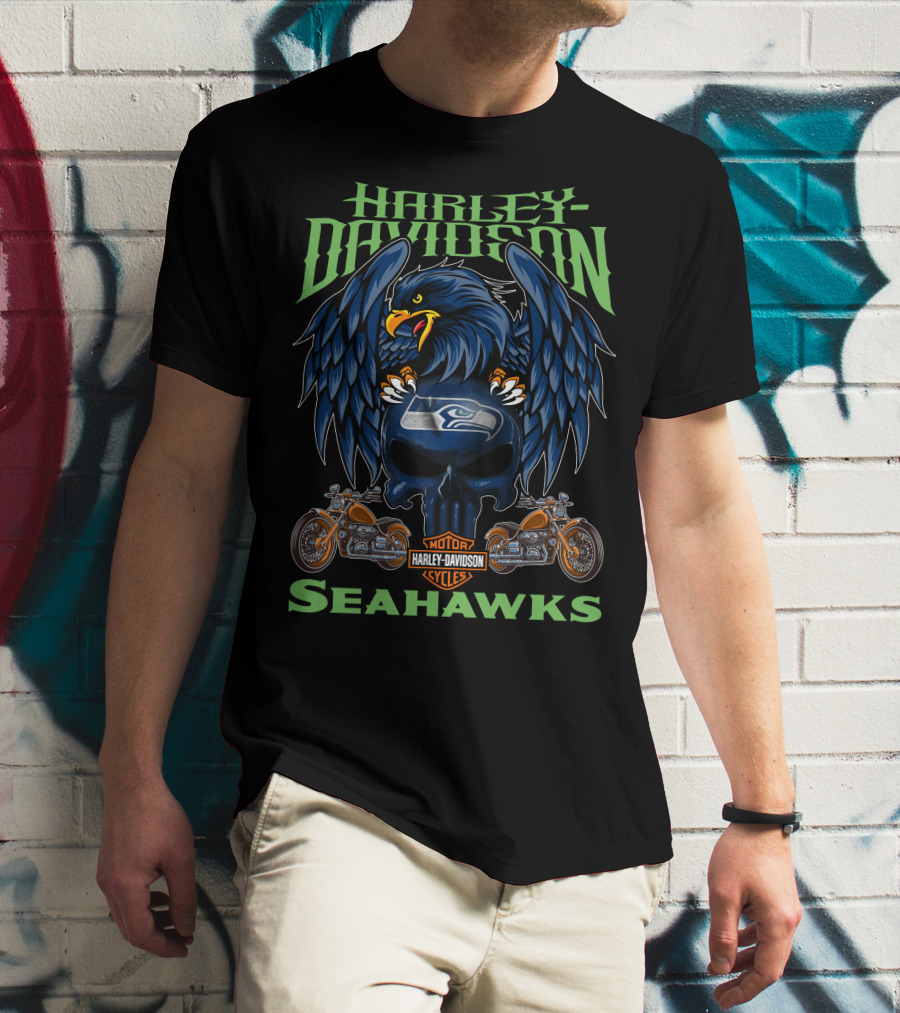 Harley Davidson Seattle Seahawks Motorcycle Skull T-Shirt
