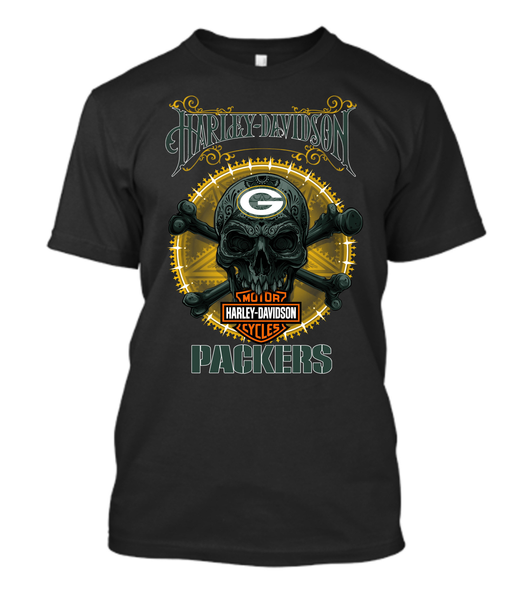Harley Davidson Green Bay Packers Motor Cycles Skull T-Shirt