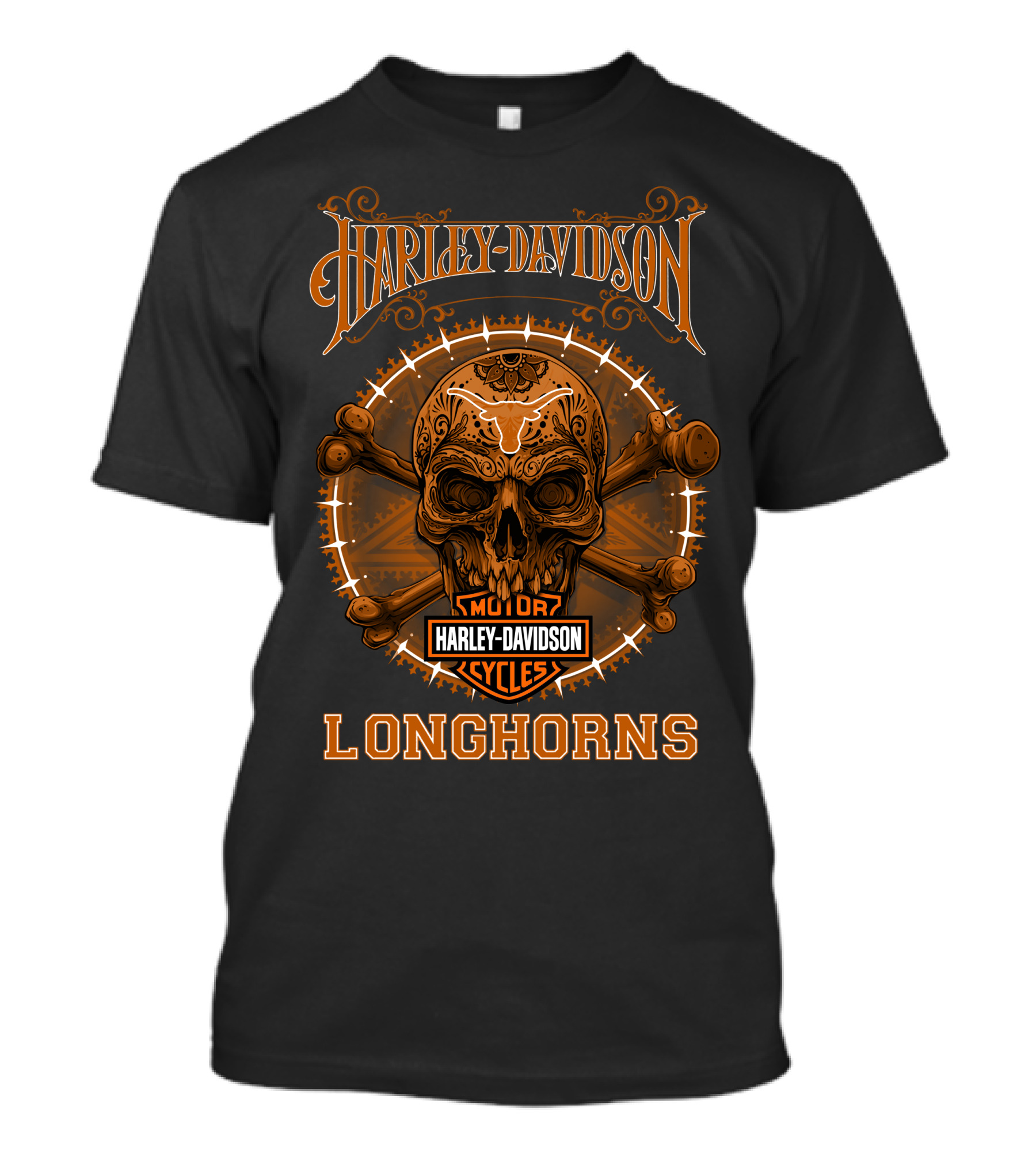 Harley Davidson Longhorns Skull Design Motor Cycles T-Shirt