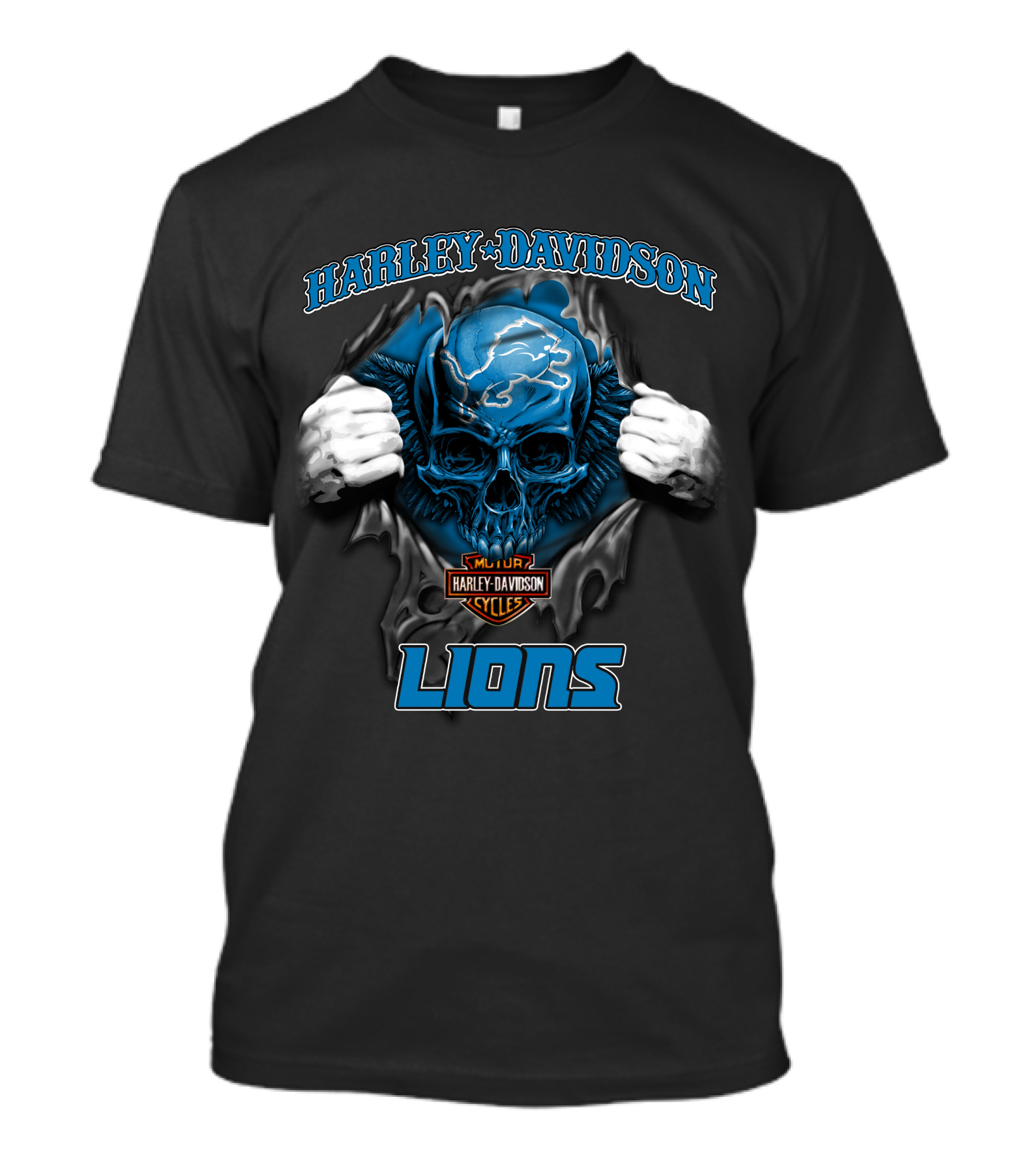 Harley Davidson Lions Nfl Skull Detroit Motor Cycles T-Shirt