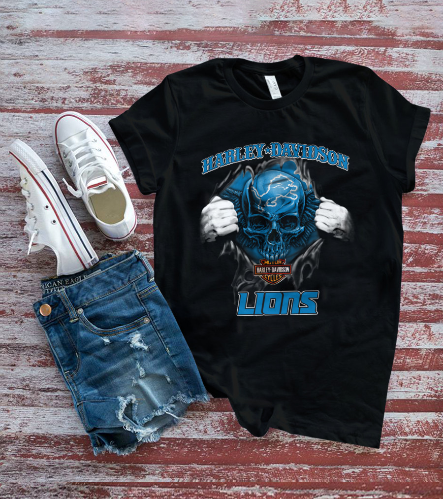 Harley Davidson Lions Nfl Skull Detroit Motor Cycles T-Shirt