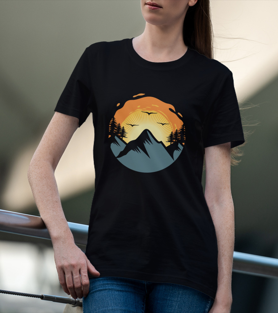 Sunrise Over Mountain Silhouette With Trees And Birds T-Shirt