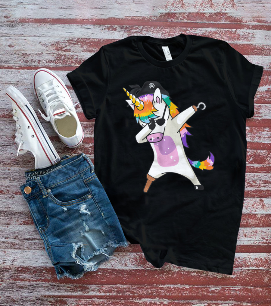 Dabbing Unicorn Pirate With Rainbow Mane Wearing Eyepatch And Pirate Hat T-Shirt