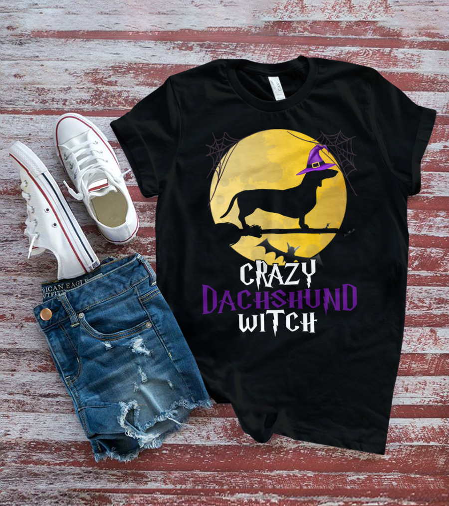Crazy Dachshund Witch Dog Halloween Moon Silhouette With Broomstick And Purple Hat T-Shirt