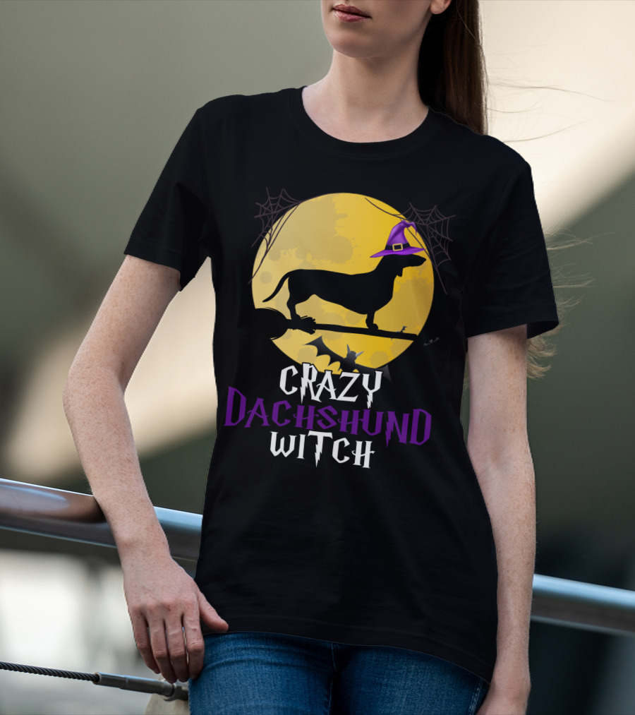 Crazy Dachshund Witch Dog Halloween Moon Silhouette With Broomstick And Purple Hat T-Shirt