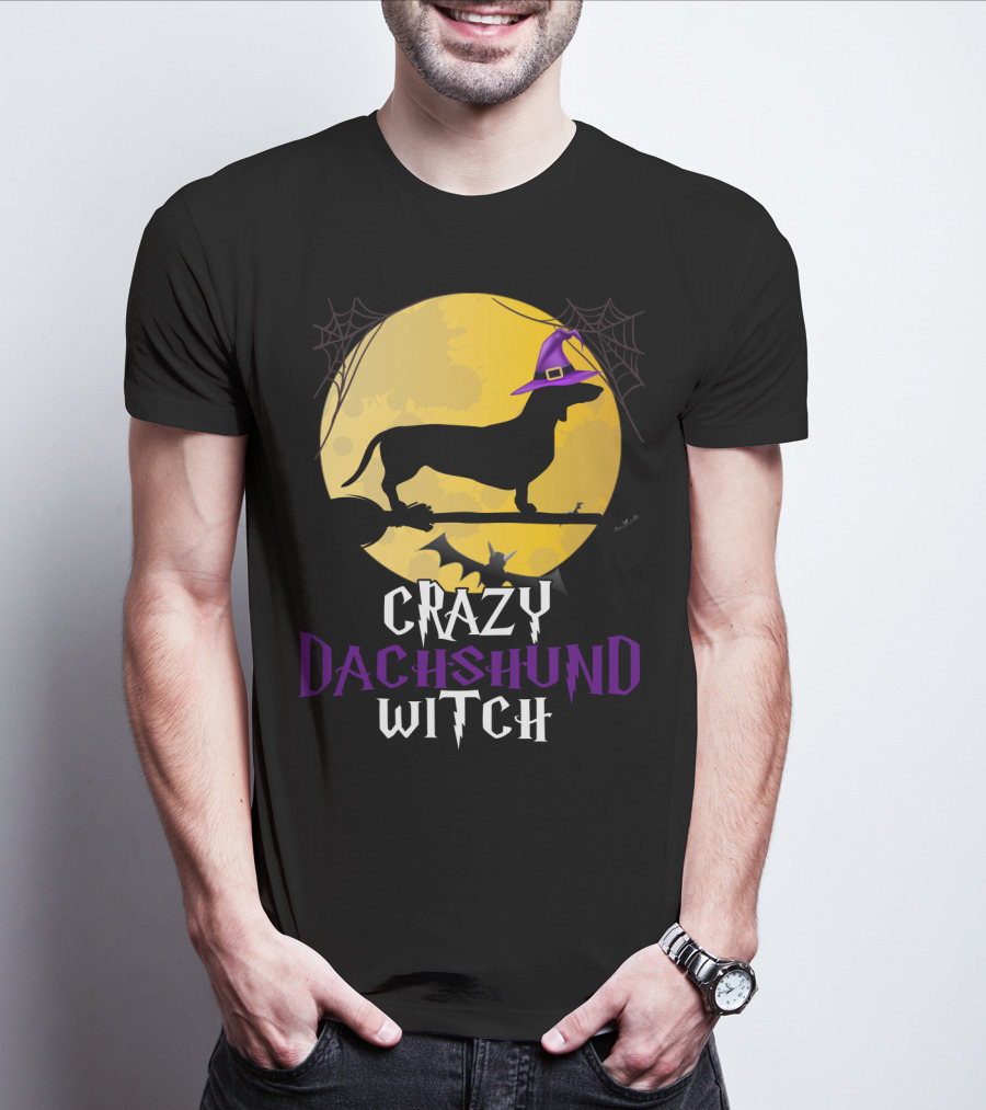 Crazy Dachshund Witch Dog Halloween Moon Silhouette With Broomstick And Purple Hat T-Shirt
