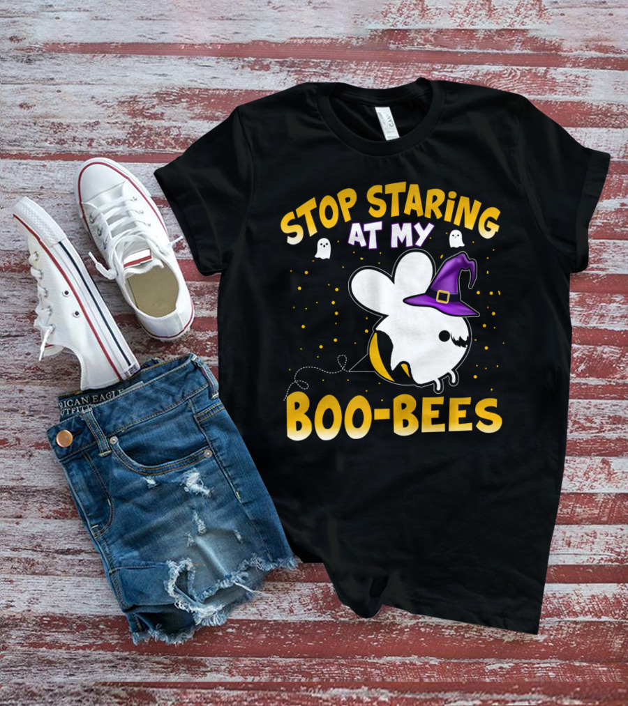 Stop Staring At My Boo Bees Halloween Ghost Bees With Witch Hat And Yellow Dots T-Shirt