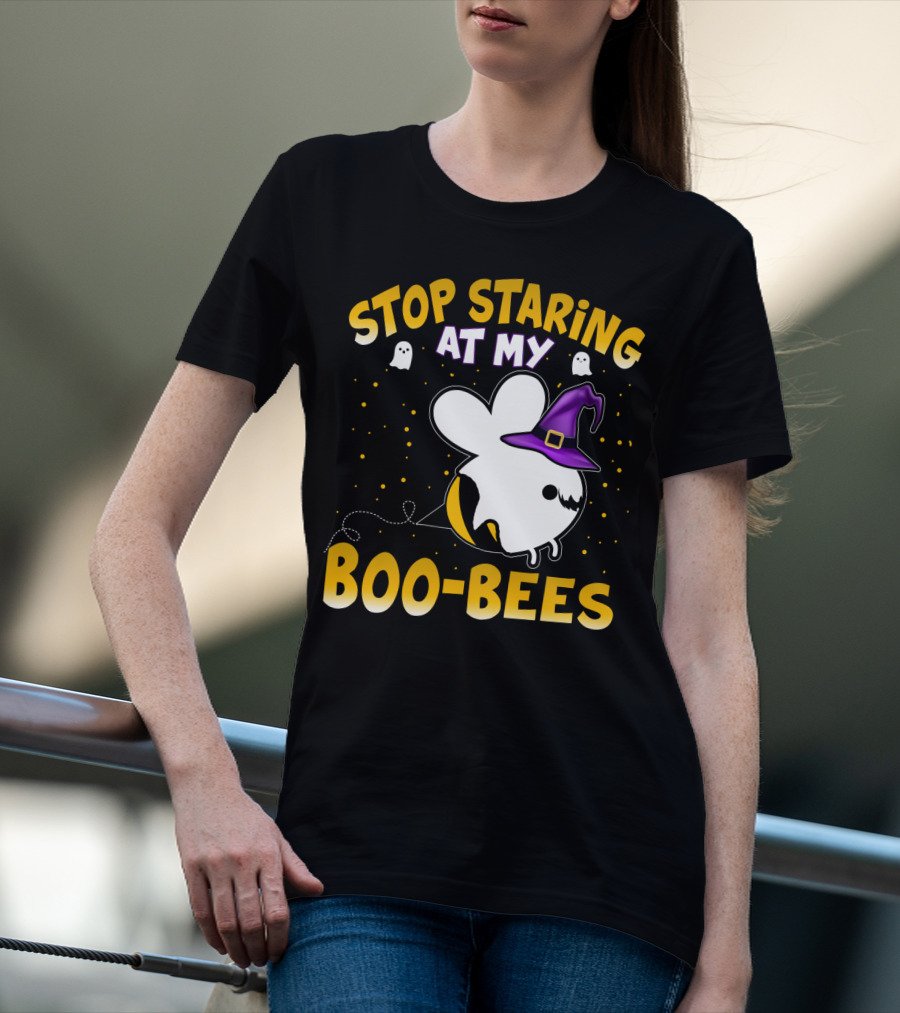 Stop Staring At My Boo Bees Halloween Ghost Bees With Witch Hat And Yellow Dots T-Shirt