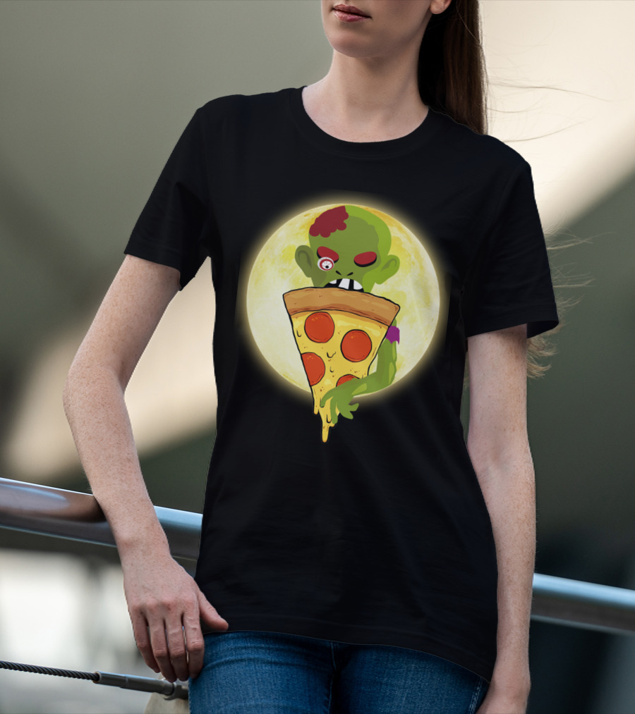 Zombie Eating Pepperoni Pizza Under Full Moon T-Shirt