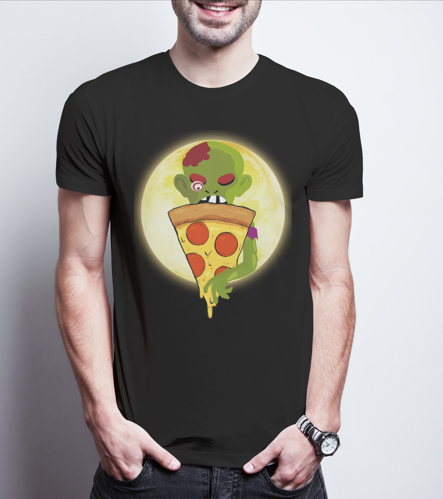 Zombie Eating Pepperoni Pizza Under Full Moon T-Shirt