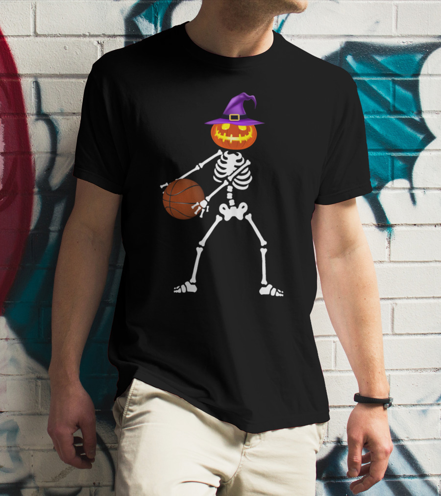 Skeleton Pumpkin Witch Basketball Flossing Dance Halloween Costume T-Shirt