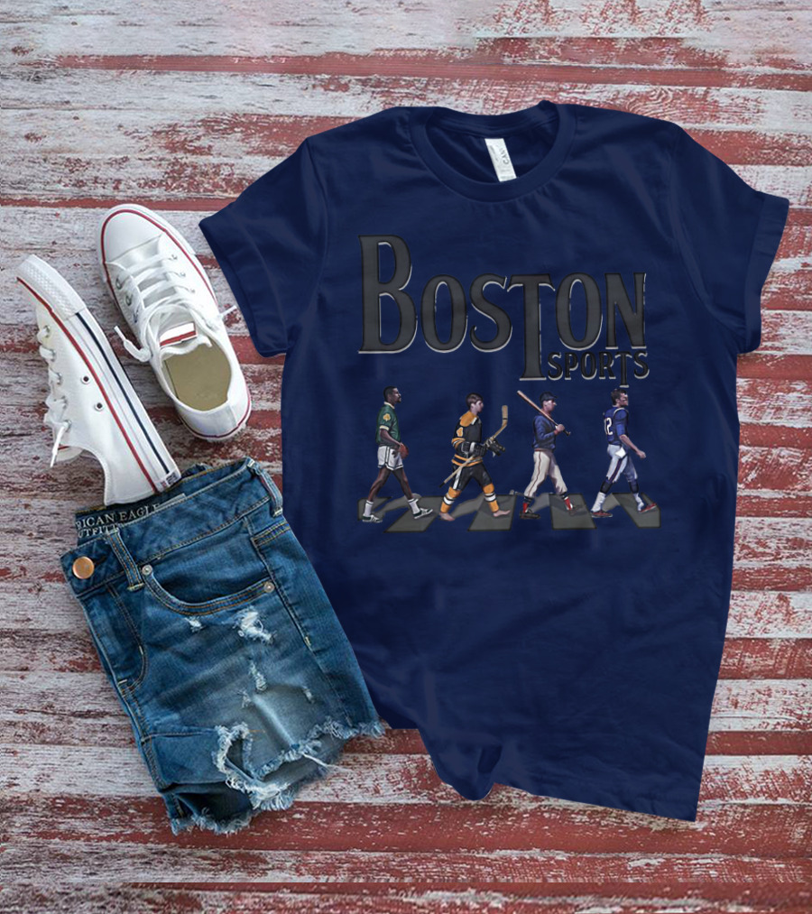 Boston Sports Evolution Inspired By Iconic Athletes In Green Basketball, Yellow Hockey, Baseball, And Blue Football Jerseys T-Shirt