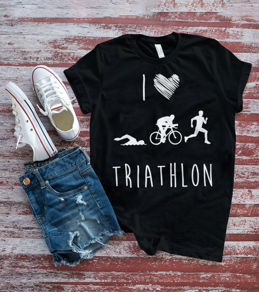 I Love Triathlon Featuring Swim Bike Run Iconography T-Shirt
