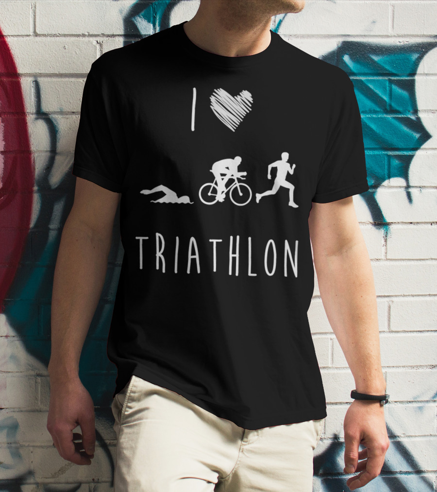 I Love Triathlon Featuring Swim Bike Run Iconography T-Shirt