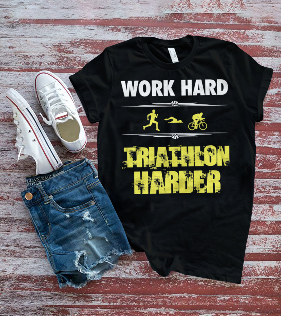 Work Hard Triathlon Harder Running Swimming Cycling Icons T-Shirt