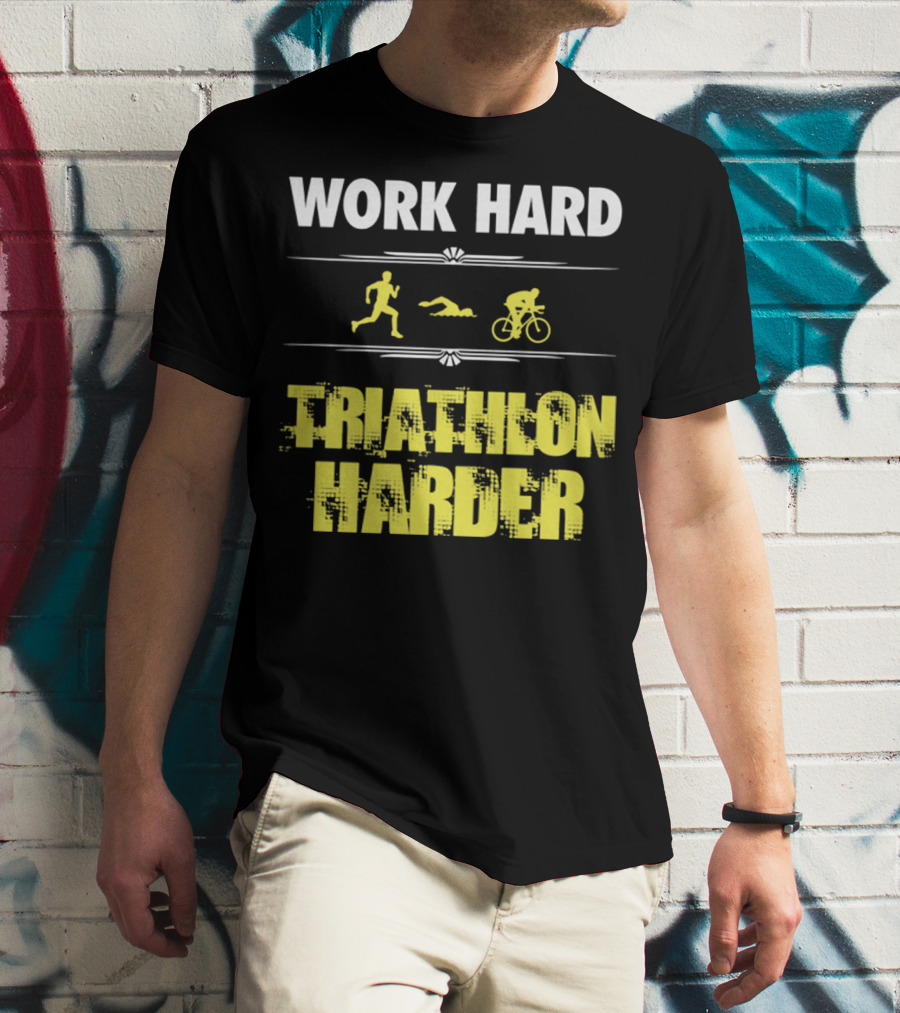 Work Hard Triathlon Harder Running Swimming Cycling Icons T-Shirt