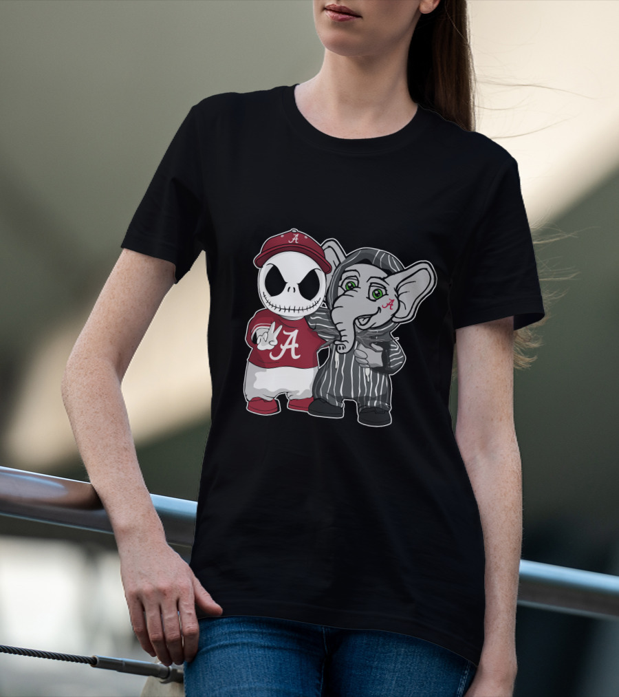 Alabama Crimson Tide Jack Skellington With Elephant In Striped T-Shirt