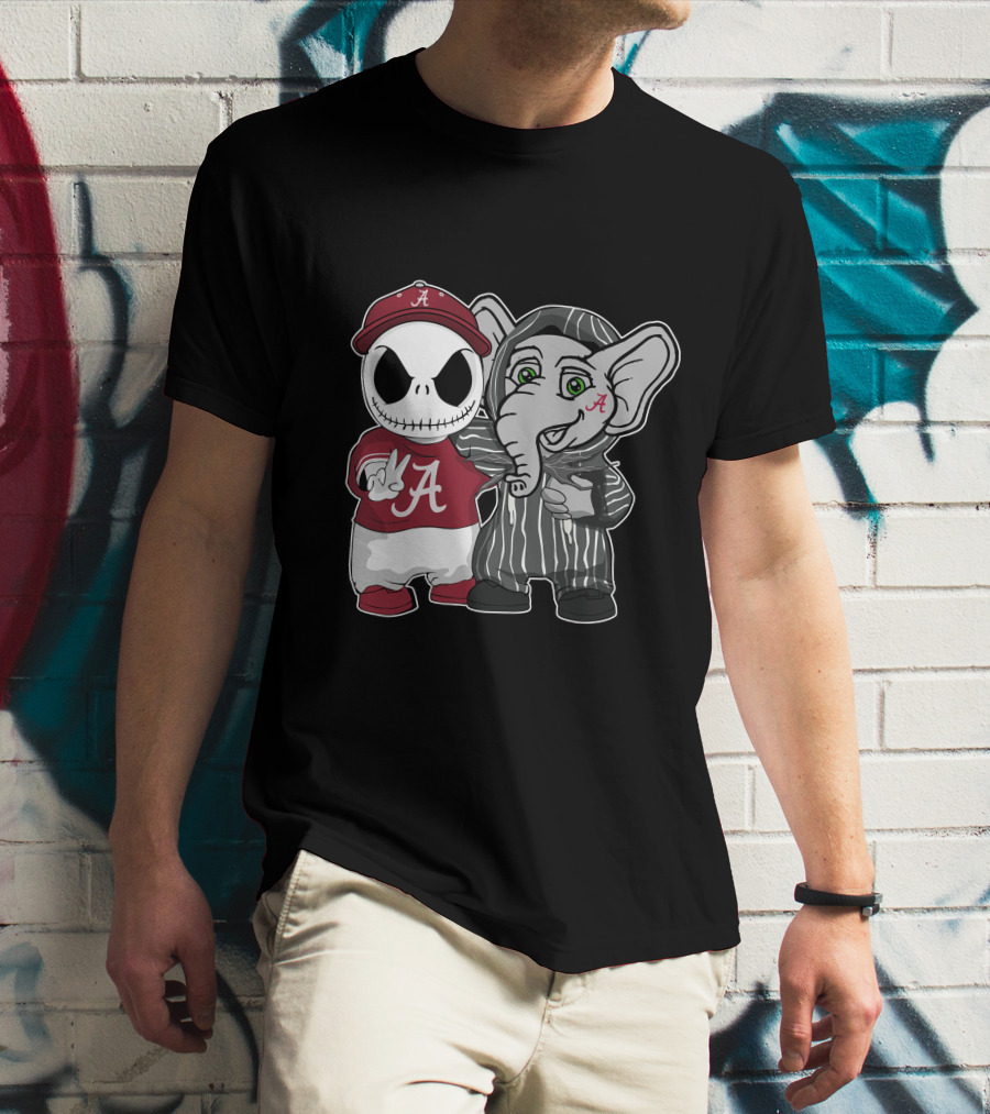 Alabama Crimson Tide Jack Skellington With Elephant In Striped T-Shirt