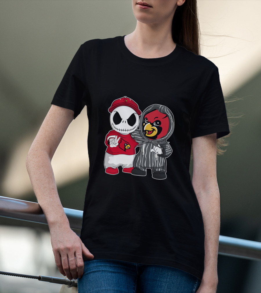 Louisville Cardinals Jack Skellington And Cardinal Mascot Duo T-Shirt