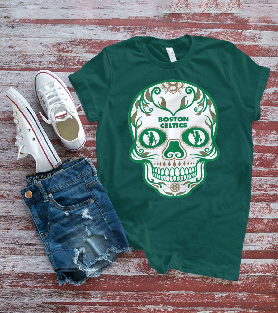 Boston Celtics Skull With Celtic Symbols And Basketball Mascot T-Shirt
