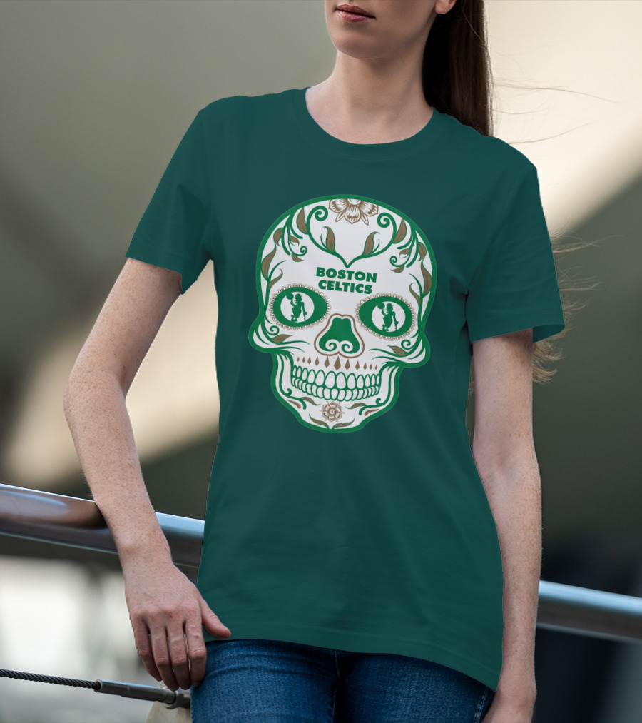 Boston Celtics Skull With Celtic Symbols And Basketball Mascot T-Shirt