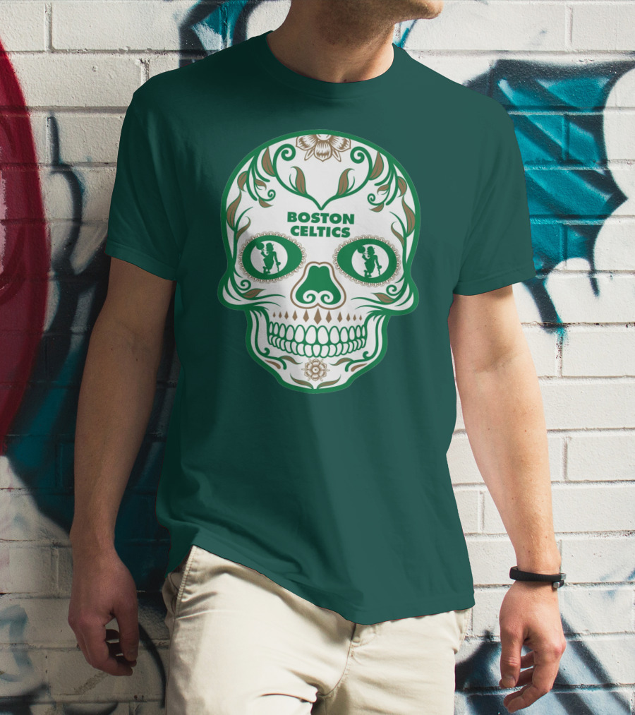 Boston Celtics Skull With Celtic Symbols And Basketball Mascot T-Shirt