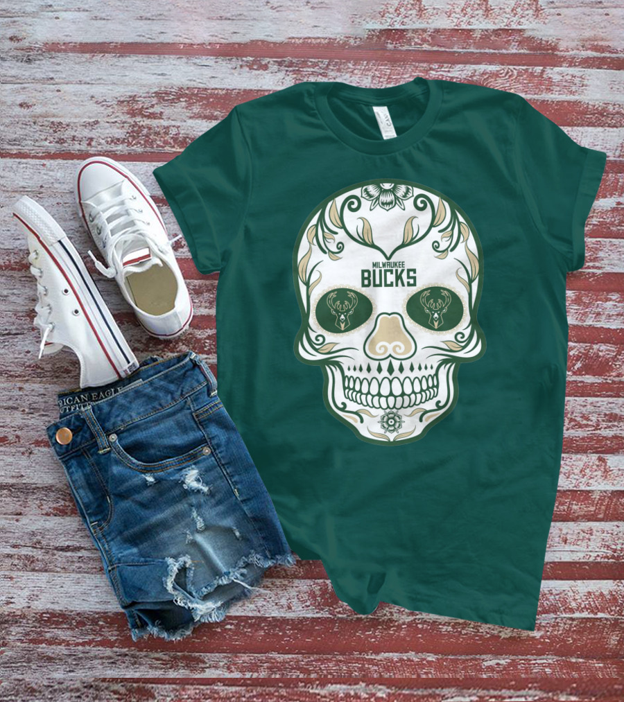 Milwaukee Bucks Skull Deer Logo Floral T-Shirt