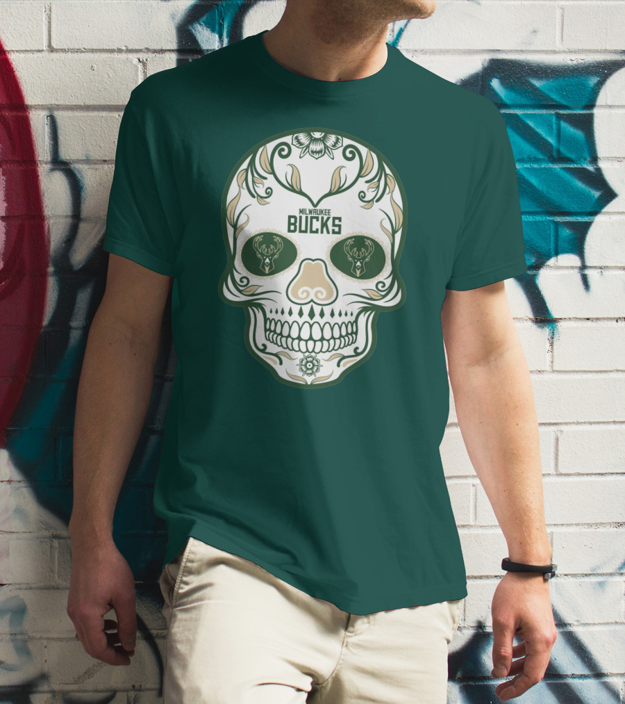 Milwaukee Bucks Skull Deer Logo Floral T-Shirt