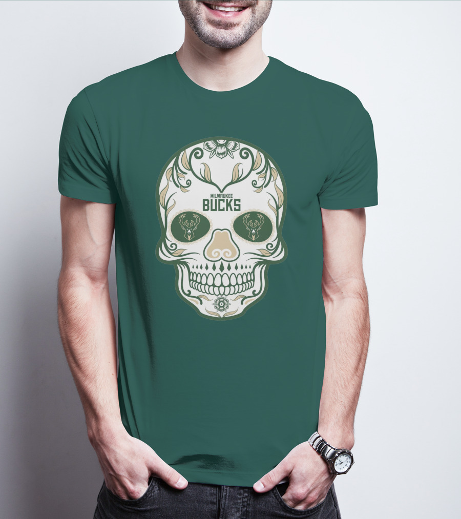 Milwaukee Bucks Skull Deer Logo Floral T-Shirt
