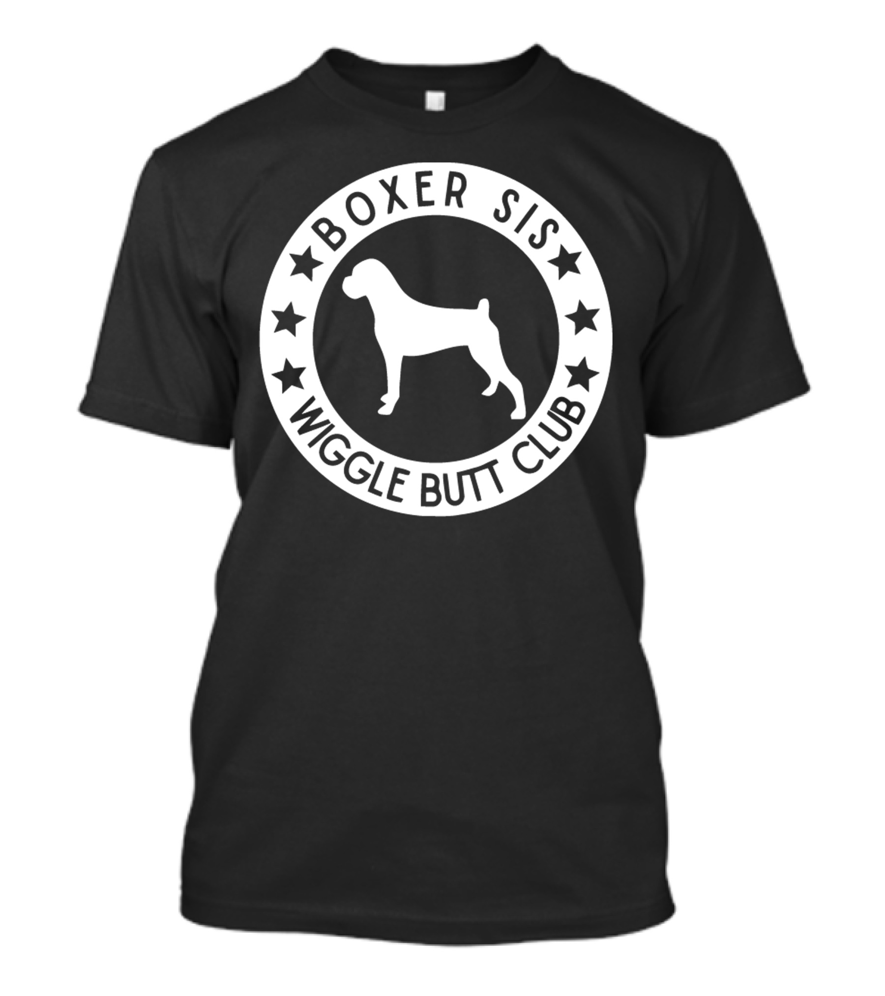 Boxer Sis Wiggle Butt Club Dog Silhouette Circle With Stars T-Shirt