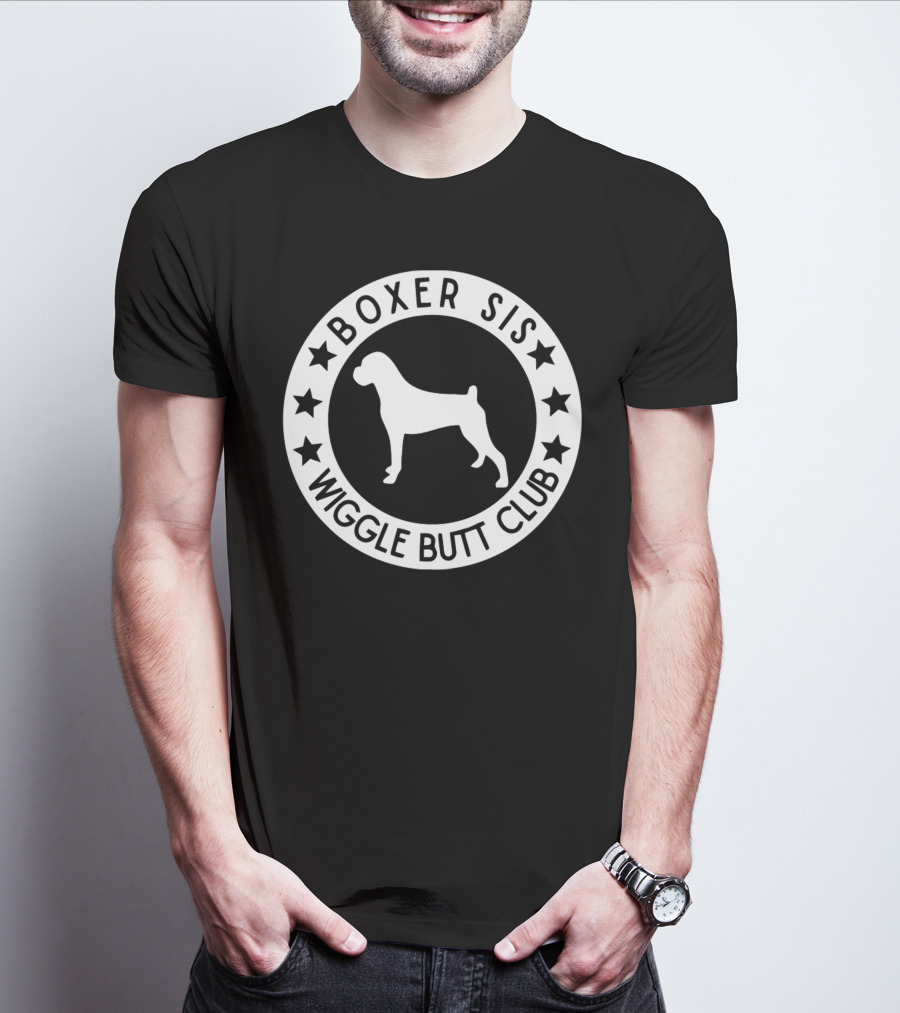 Boxer Sis Wiggle Butt Club Dog Silhouette Circle With Stars T-Shirt