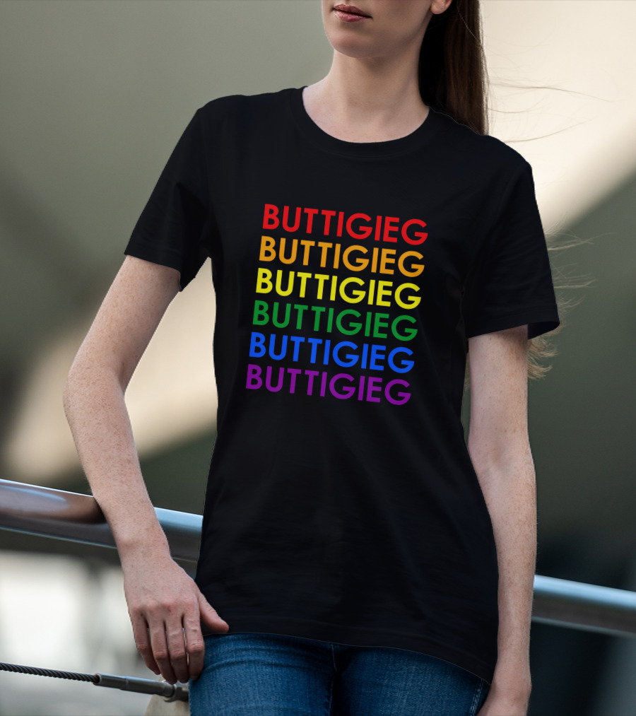 BUTTIGIEG Rainbow Pride Colors Text T-Shirt