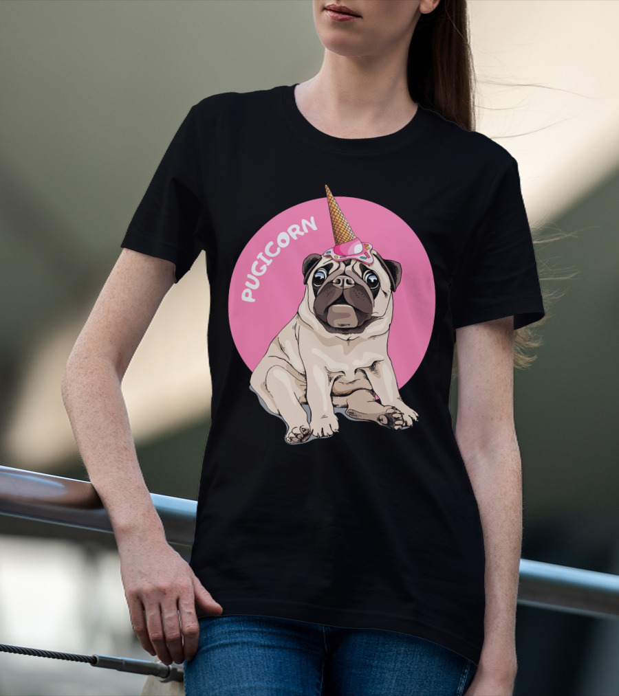 Pugicorn Ice Cream Cone Hat Sitting Pug Pink Circle T-Shirt