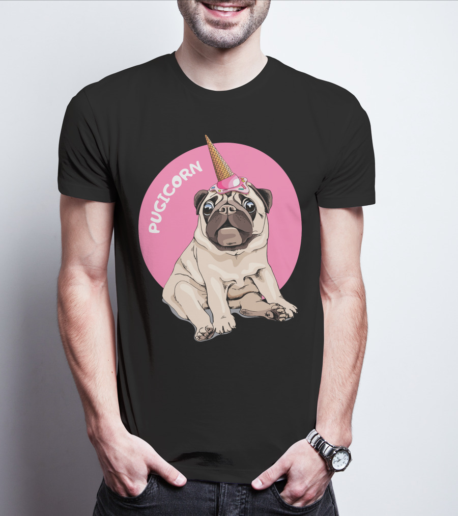 Pugicorn Ice Cream Cone Hat Sitting Pug Pink Circle T-Shirt