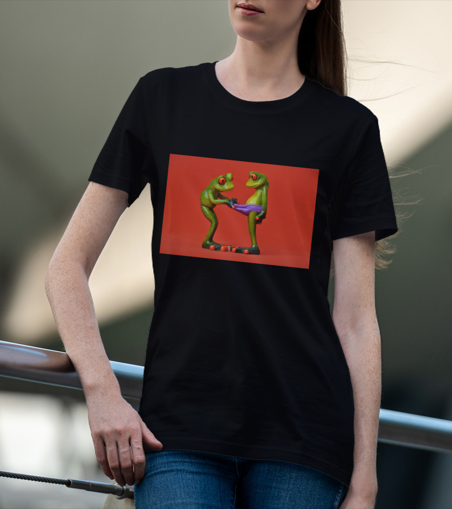 Quite Frog Green Figurines On Red Background With Purple Shorts T-Shirt