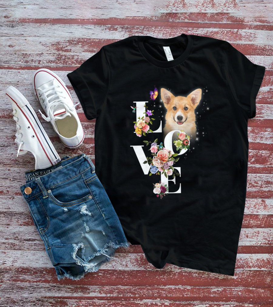 Love Corgi Floral Butterflies Sparkle T-Shirt