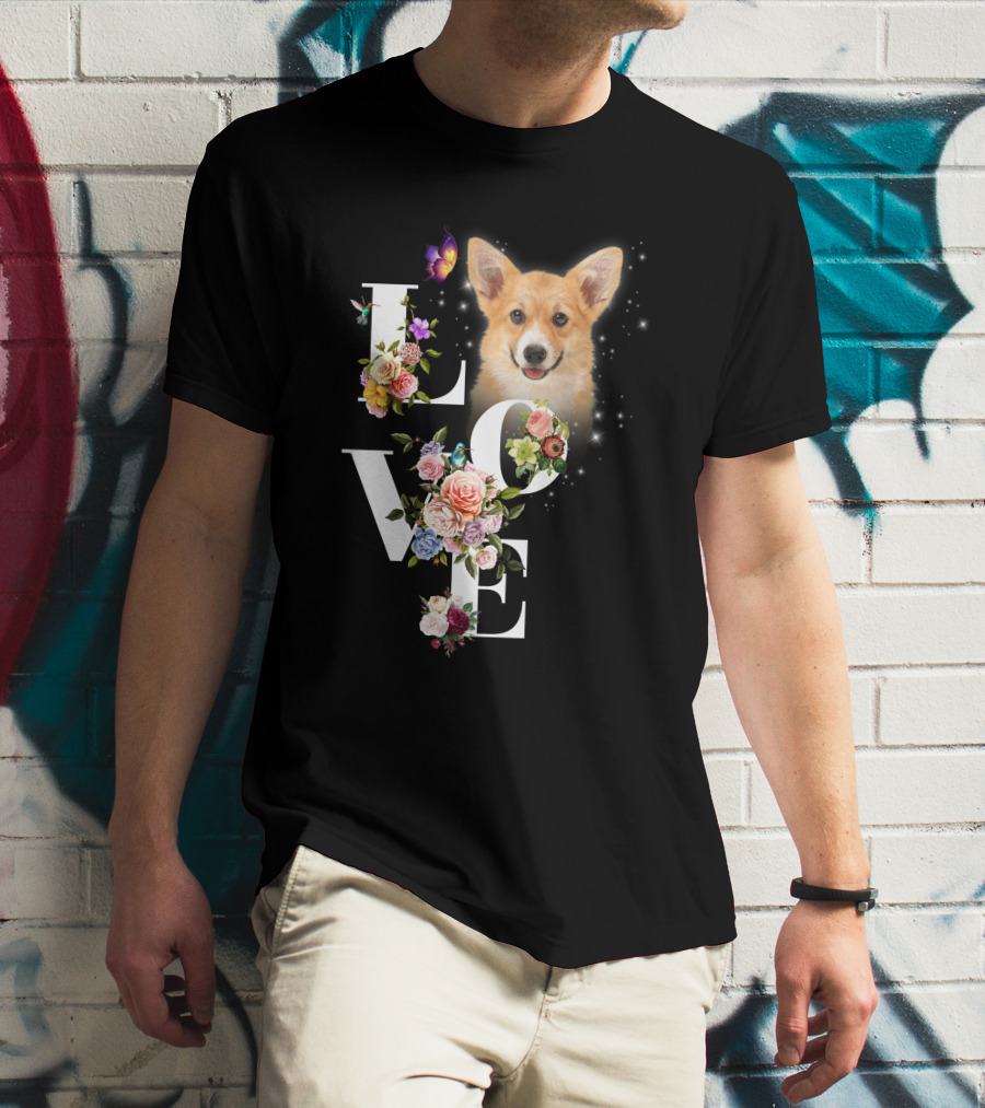 Love Corgi Floral Butterflies Sparkle T-Shirt
