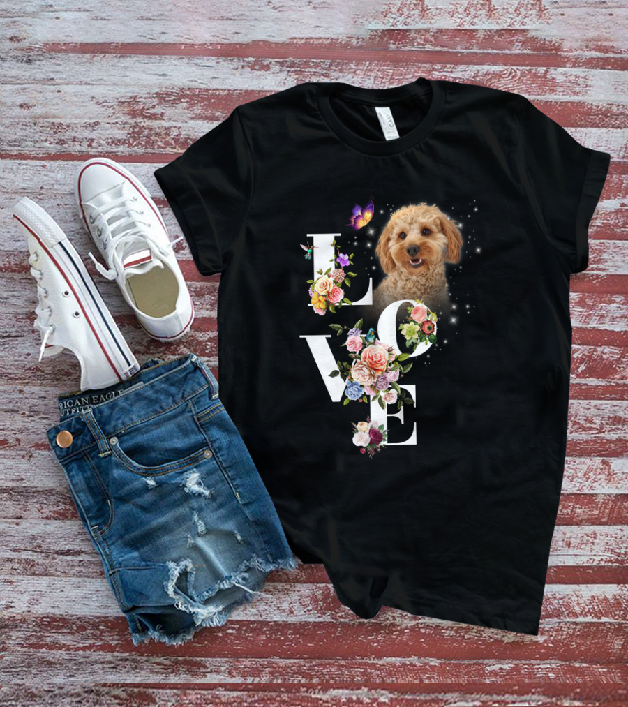 LOVE Goldendoodle Floral Butterfly Sparkle T-Shirt