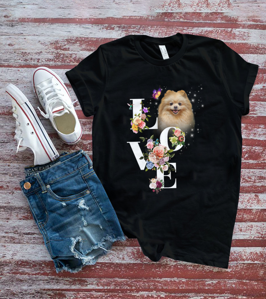 LOVE Pomeranian With Flowers And Butterfly T-Shirt