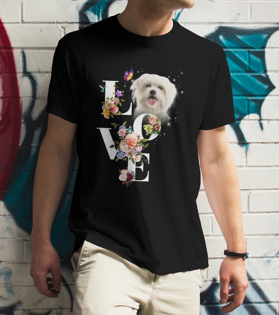 LOVE Maltese Dog Floral Butterfly T-Shirt