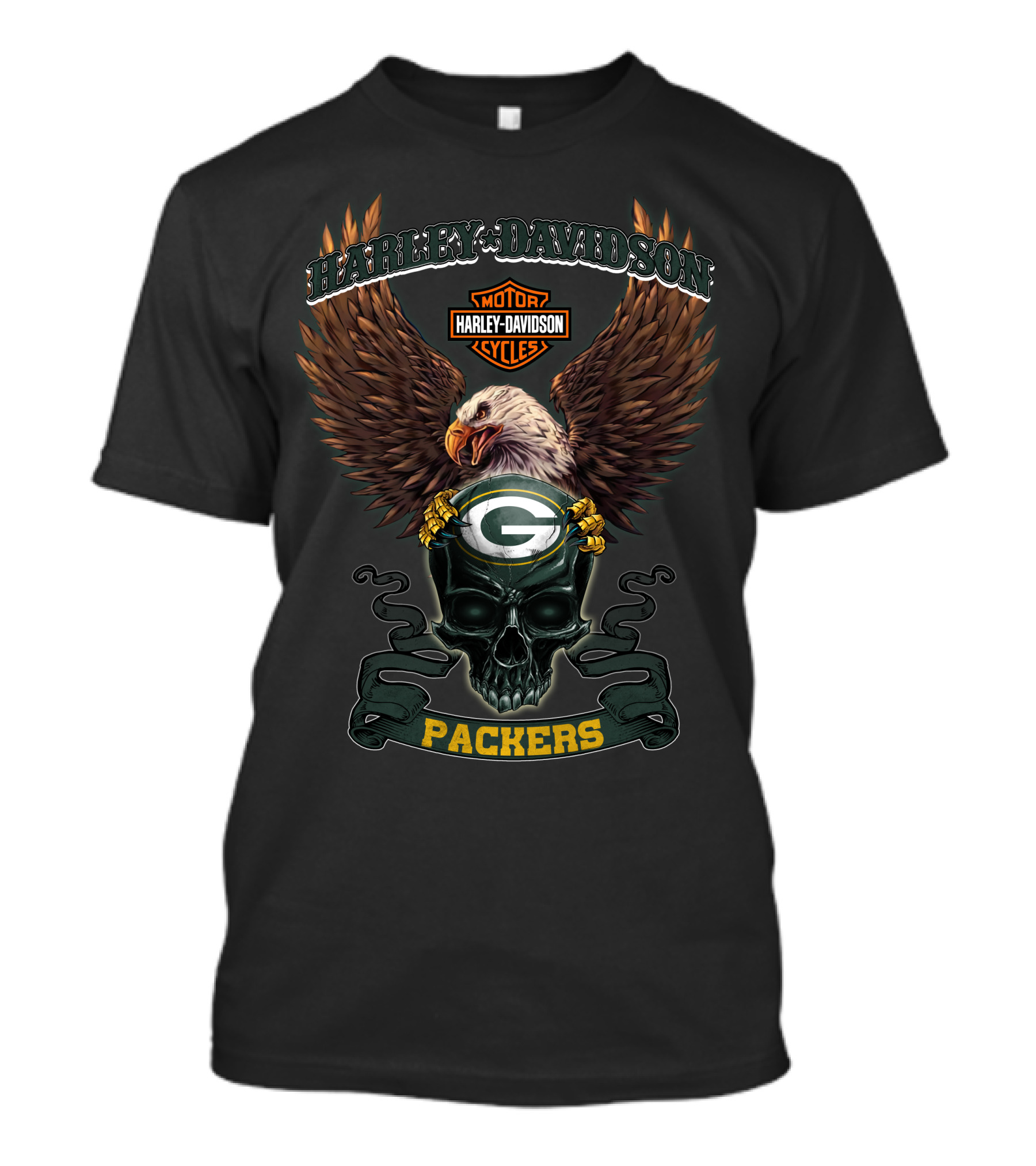 Harley Davidson Motor Cycles Green Bay Packers Eagle Skull T-Shirt