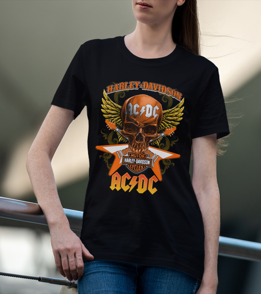 Harley Davidson Ac/Dc Motor Cycles Skull Wings T-Shirt