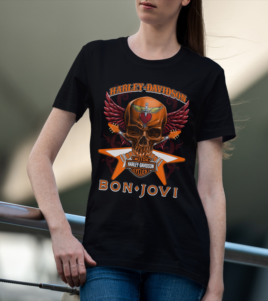 Harley Davidson Bon Jovi Skull Wings Guitar Cycles T-Shirt