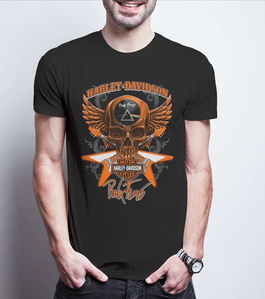 Harley Davidson Pink Floyd Skull Design With Prism And Wings T-Shirt