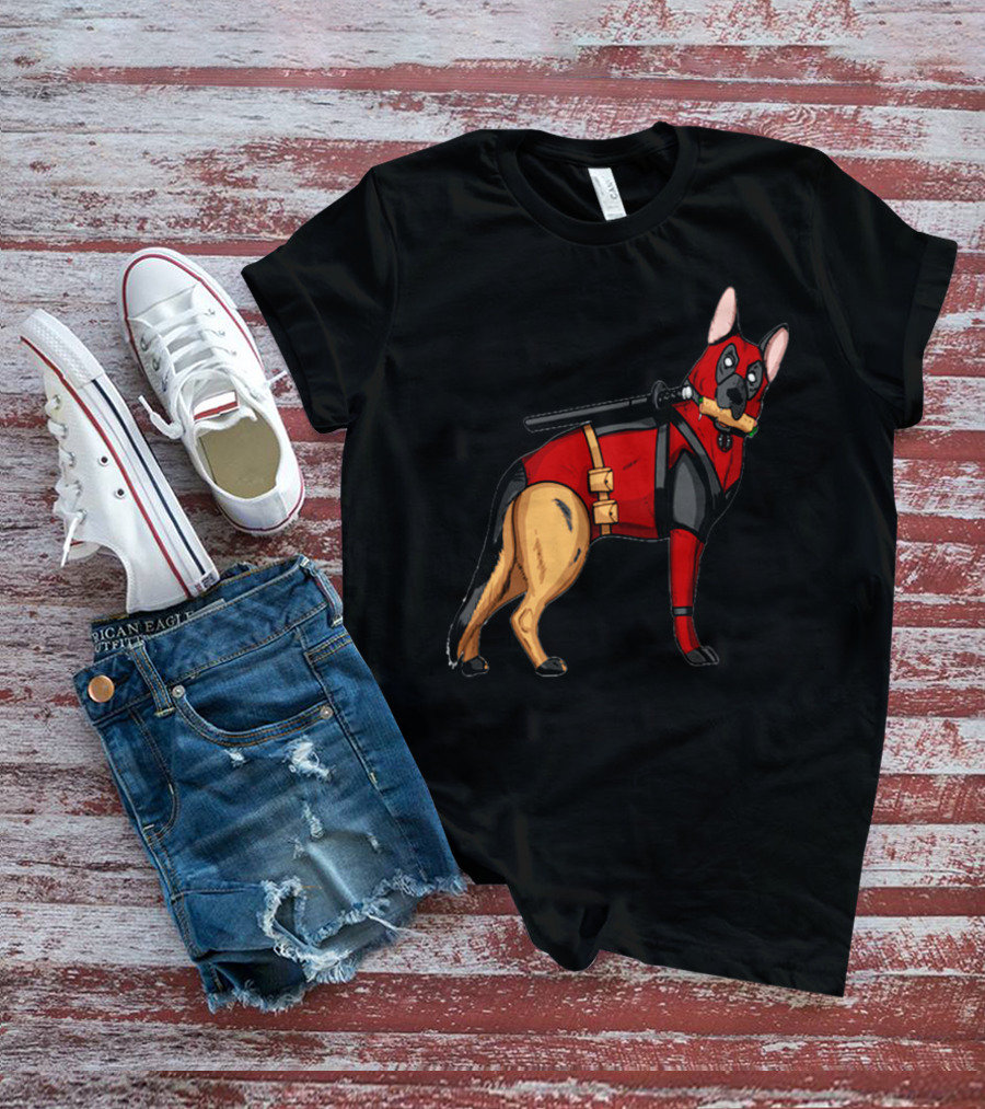 German Shepherd In Deadpool Costume With Sword And Bone T-Shirt