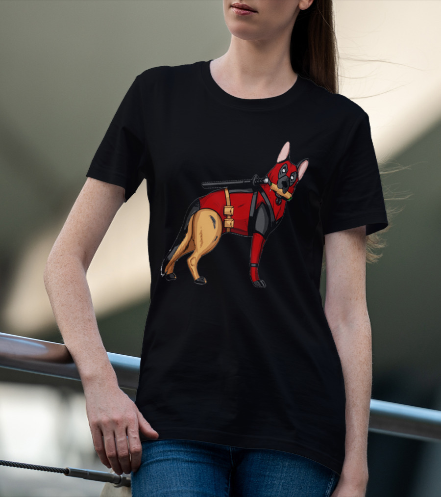 German Shepherd In Deadpool Costume With Sword And Bone T-Shirt