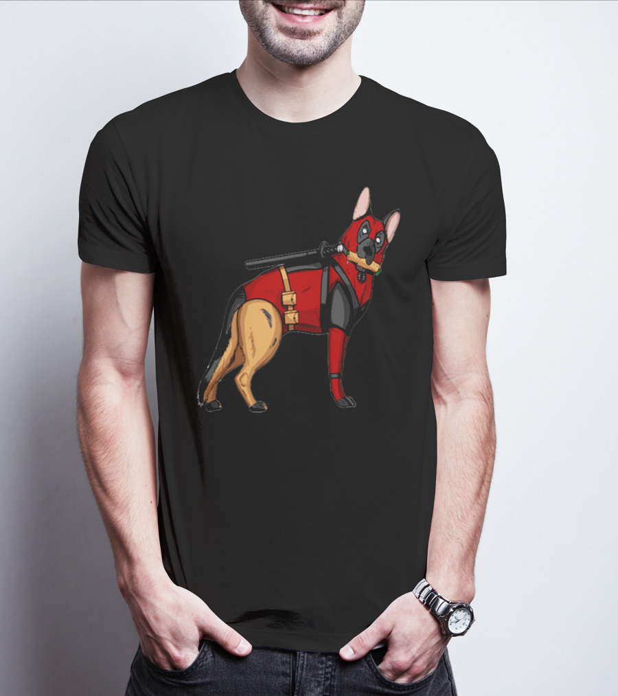 German Shepherd In Deadpool Costume With Sword And Bone T-Shirt