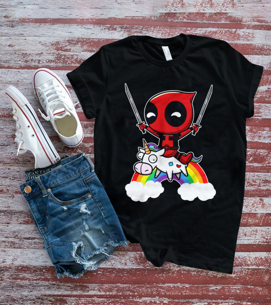 Deadpool Riding Unicorn Over Rainbow With Dual Swords T-Shirt