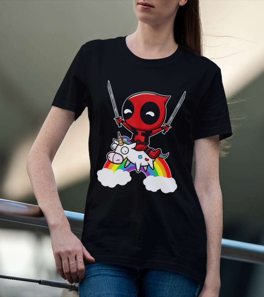 Deadpool Riding Unicorn Over Rainbow With Dual Swords T-Shirt